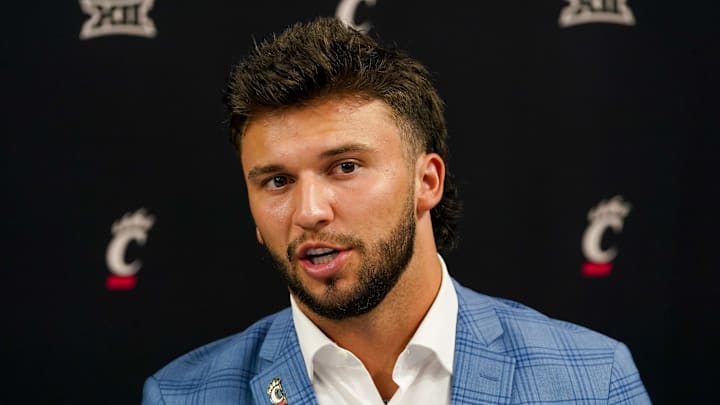 Jul 8, 2025; Frisco, TX, USA; Cincinnati quarterback Brendan Sorsby answers questions from the media during 2025 Big 12 Football Media Days at The Star. Mandatory Credit: Raymond Carlin III-Imagn Images