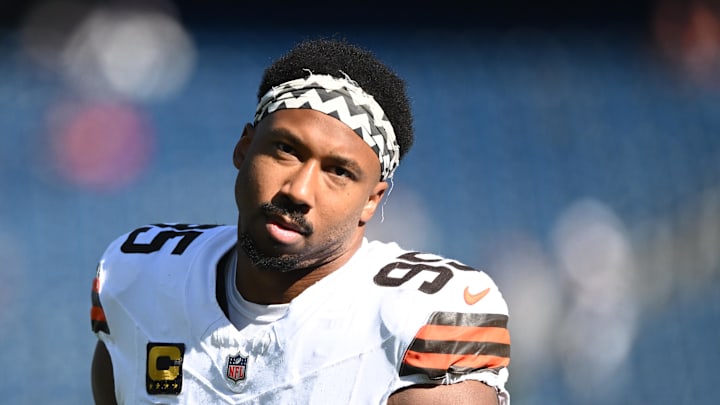 Oct 26, 2025; Foxborough, Massachusetts, USA; Cleveland Browns defensive end Myles Garrett (95) looks on during warm up prior to the game against the New England Patriots at Gillette Stadium. Mandatory Credit: Brian Fluharty-Imagn Images Oct 26, 2025; Foxborough, Massachusetts, USA; Cleveland Browns defensive end Myles Garrett (95) looks on during warm up prior to the game against the New England Patriots at Gillette Stadium. Mandatory Credit: Brian Fluharty-Imagn Images