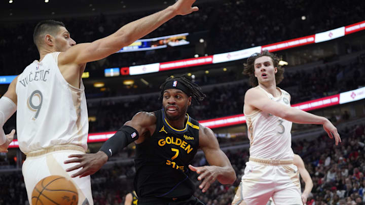 Feb 8, 2025; Chicago, Illinois, USA; Chicago Bulls center Nikola Vucevic (9) and guard Josh Giddey (3) defend Golden State Warriors guard Buddy Hield (7) during the first half at United Center. Mandatory Credit: David Banks-Imagn Images Feb 8, 2025; Chicago, Illinois, USA; Chicago Bulls center Nikola Vucevic (9) and guard Josh Giddey (3) defend Golden State Warriors guard Buddy Hield (7) during the first half at United Center. Mandatory Credit: David Banks-Imagn Images