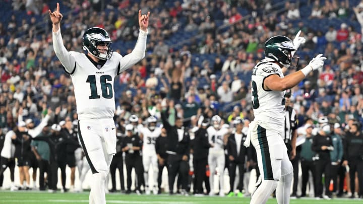 Aug 15, 2024; Foxborough, Massachusetts, USA; Philadelphia Eagles quarterback Tanner McKee (16) reacts after scoring a touchdown against the New England Patriots during the second half at Gillette Stadium. Aug 15, 2024; Foxborough, Massachusetts, USA; Philadelphia Eagles quarterback Tanner McKee (16) reacts after scoring a touchdown against the New England Patriots during the second half at Gillette Stadium.