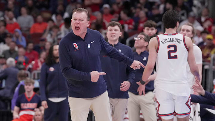 Illinois head coach Brad Underwood is shown during overtime of their quarterfinal game in the Big Ten tournament Friday, March 13, 2026 at the United Center in Chicago, Illinois. Wisconsin beat Illinois 91-88.