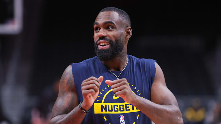 Dec 5, 2025; Atlanta, Georgia, USA; Denver Nuggets guard Tim Hardaway Jr. (10) warms up before a game against the Atlanta Hawks at State Farm Arena. Mandatory Credit: Brett Davis-Imagn Images