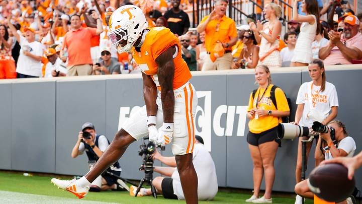 Tennessee wide receiver TK Keys (5) celebrates after scoring a touchdown during a college football game between Tennessee and Furman in Neyland Stadium in Knoxville, Tenn., on Sept. 5, 2026.