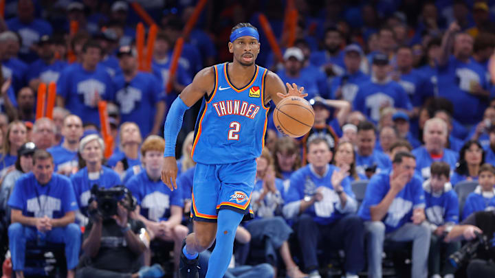 May 18, 2025; Oklahoma City, Oklahoma, USA; Oklahoma City Thunder guard Shai Gilgeous-Alexander (2) dribbles the ball down the court against the Denver Nuggets in the second half during game seven of the second round for the 2025 NBA Playoffs at Paycom Center. Mandatory Credit: Alonzo Adams-Imagn Images