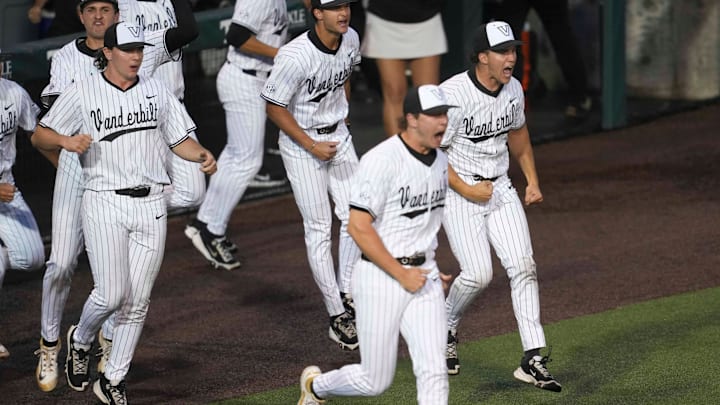 The Vanderbilt dugout runs to the field after winning a NCAA baseball game between the Tennessee Volunteers and Vanderbilt Commodores at Lindsey Nelson Stadium on May 11, 2025. Vanderbilt won 7-5 against Tennessee. The Vanderbilt dugout runs to the field after winning a NCAA baseball game between the Tennessee Volunteers and Vanderbilt Commodores at Lindsey Nelson Stadium on May 11, 2025. Vanderbilt won 7-5 against Tennessee.