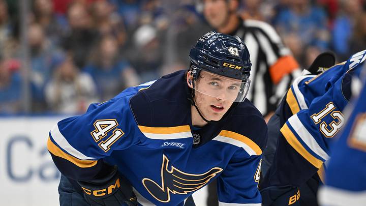 Apr 13, 2026; St. Louis, Missouri, USA; St. Louis Blues defenseman Theo Lindstein (41) looks on prior to a face off against the Minnesota Wild in the first period at Enterprise Center. Mandatory Credit: Joe Puetz-Imagn Images