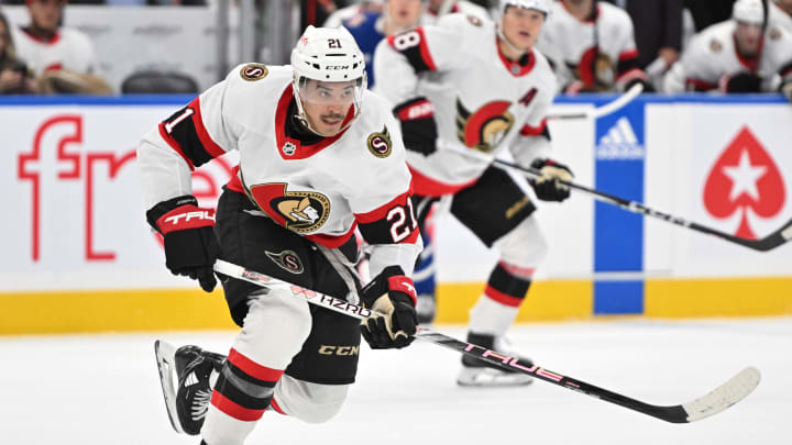 Nov 8, 2023; Toronto, Ontario, CAN; Ottawa Senators forward Mathieu Joseph (21) pursues the play against the Toronto Maple Leafs in the second period at Scotiabank Arena. Mandatory Credit: Dan Hamilton-USA TODAY Sports