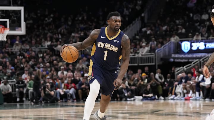 Feb 4, 2026; Milwaukee, Wisconsin, USA;  New Orleans Pelicans forward Zion Williamson (1) during the game against the Milwaukee Bucks at Fiserv Forum. Mandatory Credit: Jeff Hanisch-Imagn Images