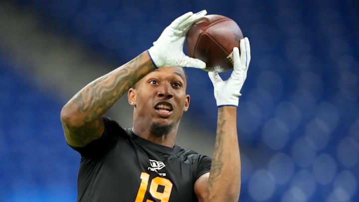 Feb 28, 2026; Indianapolis, IN, USA; Texas Tech wideout Caleb Douglas (WO19) during the NFL Scouting Combine at Lucas Oil Stadium. Mandatory Credit: Kirby Lee-Imagn Images