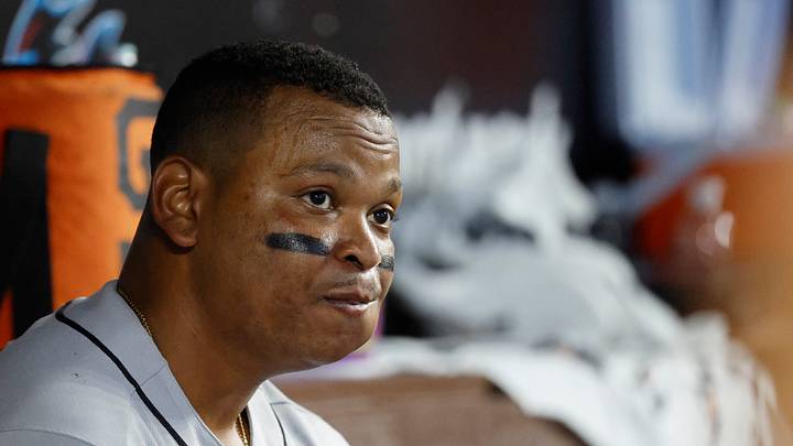 Miami, Florida, USA;  San Francisco Giants first baseman Rafael Devers (16) sits in the dugout against the Miami Marlins during the seventh inning at loanDepot Park. Mandatory Credit: Rhona Wise-Imagn Images