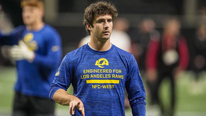 Dec 29, 2025; Atlanta, Georgia, USA; Los Angeles Rams quarterback Stetson Bennett IV (13) on the field warming up prior to the game against the Atlanta Falcons at Mercedes-Benz Stadium. Mandatory Credit: Dale Zanine-Imagn Images