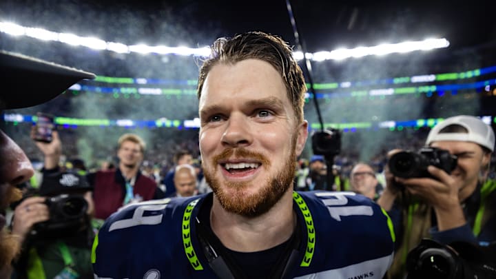 Seattle Seahawks quarterback Sam Darnold celebrates