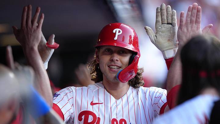 Jun 16, 2026; Philadelphia, Pennsylvania, USA; Philadelphia Phillies infielder Alec Bohm (28) celebrates with teammates after hitting a two-run home run against the Miami Marlins in the second inning at Citizens Bank Park. Mandatory Credit: Kyle Ross-Imagn Images Jun 16, 2026; Philadelphia, Pennsylvania, USA; Philadelphia Phillies infielder Alec Bohm (28) celebrates with teammates after hitting a two-run home run against the Miami Marlins in the second inning at Citizens Bank Park. Mandatory Credit: Kyle Ross-Imagn Images