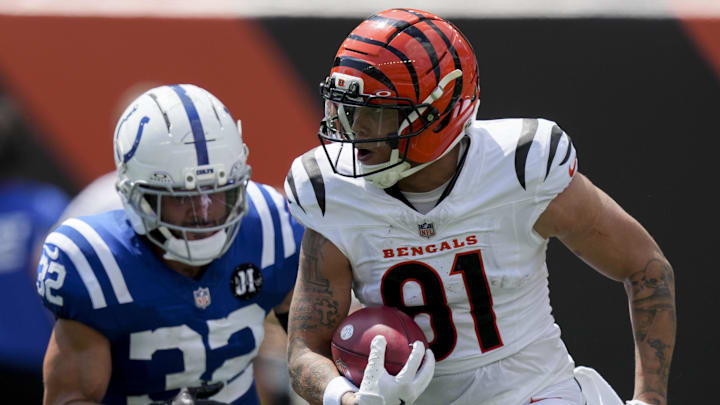 Aug 23, 2025; Cincinnati, Ohio, USA; Indianapolis Colts safety Daniel Scott (32) chases after Cincinnati Bengals wide receiver Jermaine Burton (81) in in the game against the Cincinnati Bengals at Paycor Stadium. Mandatory Credit: Grace Hollars-USAToday Network via Imagn Images