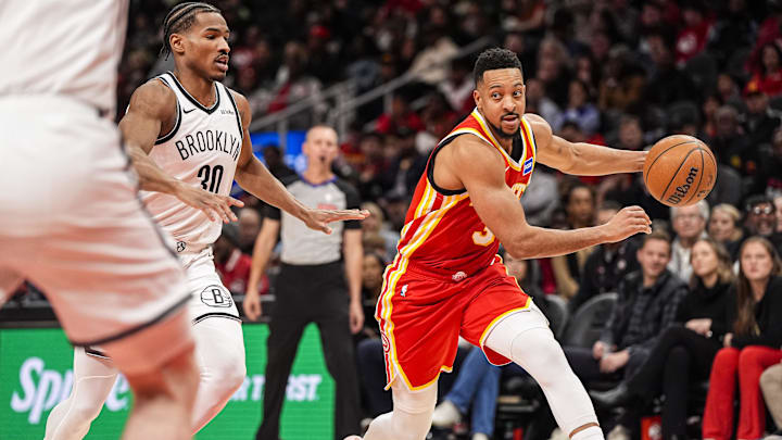 Feb 22, 2026; Atlanta, Georgia, USA; Atlanta Hawks guard CJ McCollum (3) dribbles against the Brooklyn Nets during the second half at State Farm Arena. Mandatory Credit: Dale Zanine-Imagn Images