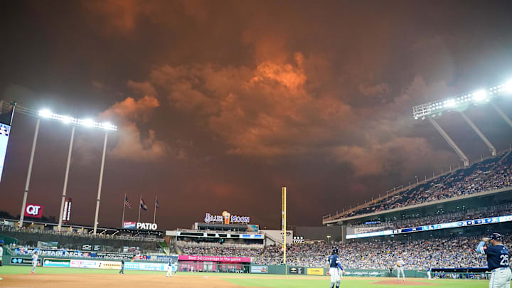 Jul 11, 2025; Kansas City, Missouri, USA; A general view of the field and clouds after the rain delay during the first inning of the game between the Kansas City Royals and New York Mets at Kauffman Stadium. Mandatory Credit: Denny Medley-Imagn Images Jul 11, 2025; Kansas City, Missouri, USA; A general view of the field and clouds after the rain delay during the first inning of the game between the Kansas City Royals and New York Mets at Kauffman Stadium. Mandatory Credit: Denny Medley-Imagn Images