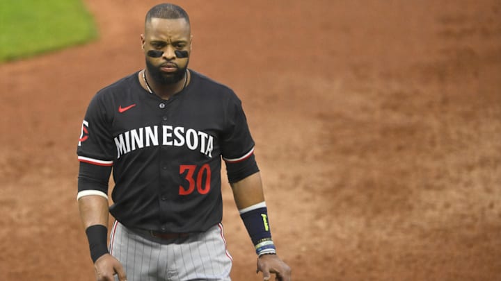Sep 17, 2024; Cleveland, Ohio, USA; Minnesota Twins first baseman Carlos Santana (30) walks on the field in the third inning against the Cleveland Guardians at Progressive Field. Mandatory Credit: David Richard-Imagn Images