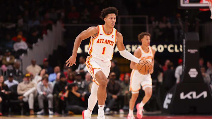 Dec 2, 2024; Atlanta, Georgia, USA; Atlanta Hawks forward Jalen Johnson (1) dribbles against the New Orleans Pelicans in the first quarter at State Farm Arena. Mandatory Credit: Brett Davis-Imagn Images
Dec 2, 2024; Atlanta, Georgia, USA; Atlanta Hawks forward Jalen Johnson (1) dribbles against the New Orleans Pelicans in the first quarter at State Farm Arena. Mandatory Credit: Brett Davis-Imagn Images