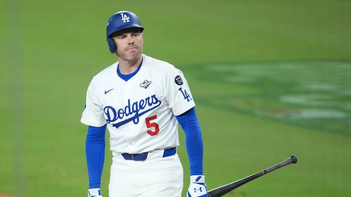 Oct 29, 2025; Los Angeles, California, USA; Los Angeles Dodgers first baseman Freddie Freeman (5) reacts after striking out in the ninth inning against the Toronto Blue Jays during game five of the 2025 MLB World Series at Dodger Stadium. Mandatory Credit: Kirby Lee-Imagn Images Oct 29, 2025; Los Angeles, California, USA; Los Angeles Dodgers first baseman Freddie Freeman (5) reacts after striking out in the ninth inning against the Toronto Blue Jays during game five of the 2025 MLB World Series at Dodger Stadium. Mandatory Credit: Kirby Lee-Imagn Images
