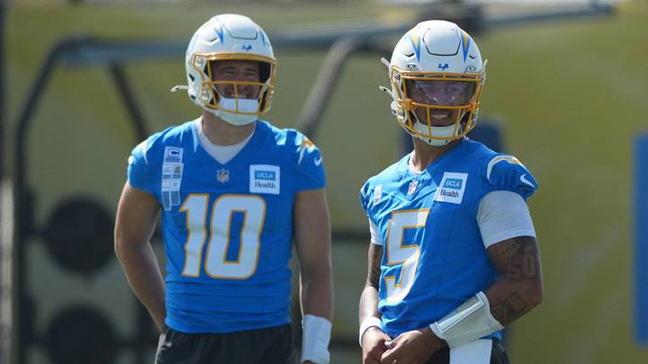 Jul 30, 2026; El Segundo, CA, USA; Los Angeles Chargers quarterbacks Justin Herbert (10) and Trey Lance (5) at training camp at The Bolt. Mandatory Credit: Kirby Lee-Imagn Images Jul 30, 2026; El Segundo, CA, USA; Los Angeles Chargers quarterbacks Justin Herbert (10) and Trey Lance (5) at training camp at The Bolt. Mandatory Credit: Kirby Lee-Imagn Images