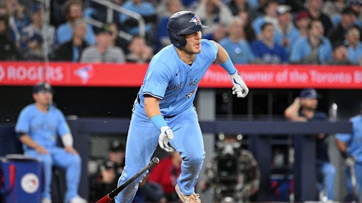 Apr 29, 2024; Toronto, Ontario, CAN;  Toronto Blue Jays center fielder Daulton Varsho (25) hits a