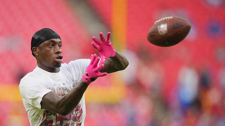 Oct 12, 2025; Kansas City, Missouri, USA; Kansas City Chiefs wide receiver Xavier Worthy (1) practices before the game against the Detroit Lions at GEHA Field at Arrowhead Stadium. Mandatory Credit: Jay Biggerstaff-Imagn Images
