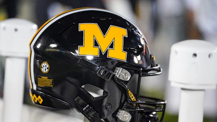 Nov 18, 2023; Columbia, Missouri, USA; A general view of a Missouri Tigers helmet against the Florida Gators during the first half at Faurot Field at Memorial Stadium. Mandatory Credit: Denny Medley-Imagn Images