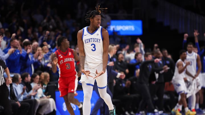 Dec 20, 2025; Atlanta, Georgia, USA; Kentucky Wildcats guard Kam Williams (3) reacts after a basket against the St. John Red Storm in the second half at State Farm Arena. Mandatory Credit: Brett Davis-Imagn Images
Dec 20, 2025; Atlanta, Georgia, USA; Kentucky Wildcats guard Kam Williams (3) reacts after a basket against the St. John Red Storm in the second half at State Farm Arena. Mandatory Credit: Brett Davis-Imagn Images