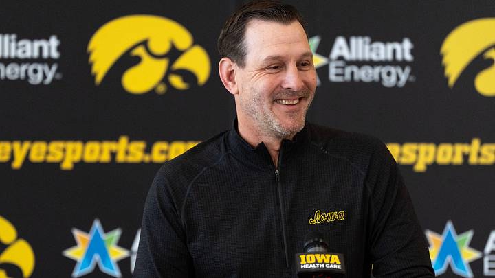 Iowa football Offensive Coordinator Tim Lester speaks during a press conference April 22, 2026 at the Hansen Performance Center in Iowa City, Iowa.