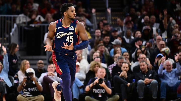 Nov 8, 2025; Cleveland, Ohio, USA; Cleveland Cavaliers guard Donovan Mitchell (45) celebrates after hitting a three point basket against the Chicago Bulls during the second half at Rocket Arena. Mandatory Credit: Ken Blaze-Imagn Images