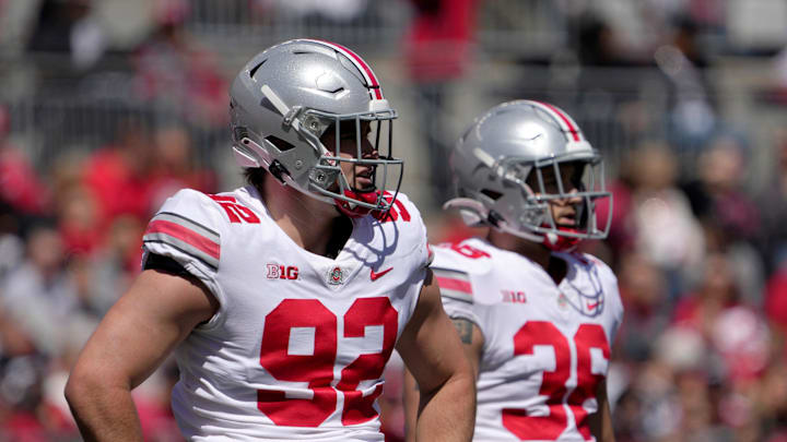 April 13, 2024; Columbus, Ohio, USA; 
Ohio State Buckeyes defensive end Caden Curry (92) and