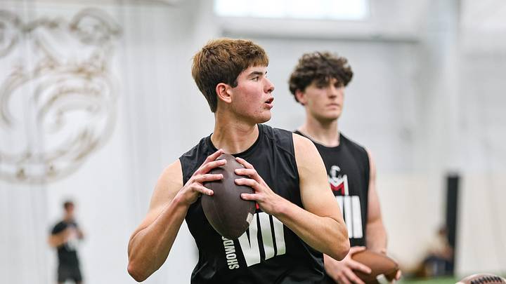 Hingham's Peter Bourque, of Tabor Academy, throws the ball at the M2 QB Academy's seventh annual Showdown Camp at Bryant University in Smithfield, Rhode Island on Saturday, June 7, 2025.
