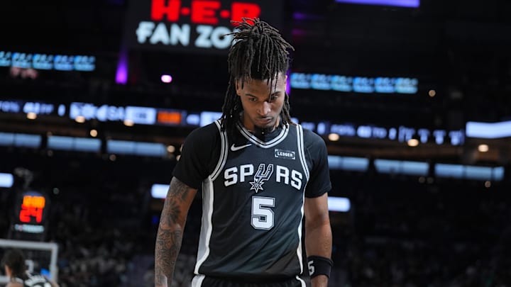 Mar 12, 2026; San Antonio, Texas, USA;  San Antonio Spurs guard Stephon Castle (5) walks on the court in the second half against the Denver Nuggets at Frost Bank Center. Mandatory Credit: Daniel Dunn-Imagn Images