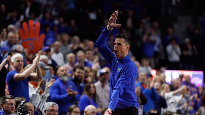 Jan 7, 2025; Gainesville, Florida, USA; Florida Gators head coach Todd Golden gestures toward the crowd against the Tennessee Volunteers during the second half at Exactech Arena at the Stephen C. O'Connell Center. Mandatory Credit: Matt Pendleton-Imagn Images