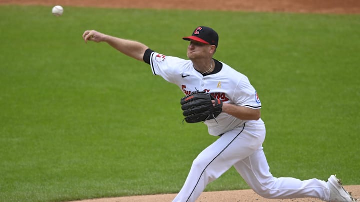 Sep 1, 2024; Cleveland, Ohio, USA; Cleveland Guardians starting pitcher Alex Cobb (35) delivers a pitch in the second inning against the Pittsburgh Pirates at Progressive Field.