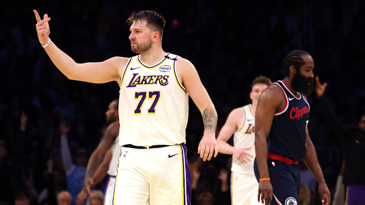 Mar 2, 2025; Los Angeles, California, USA; Los Angeles Lakers guard Luka Doncic (77) reacts to a play during the third quarter against the LA Clippers at Crypto.com Arena. Mandatory Credit: Jason Parkhurst-Imagn Images