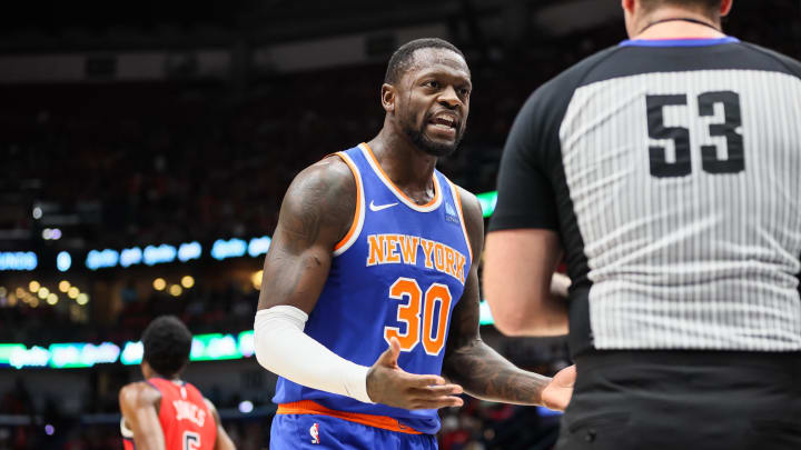Oct 28, 2023; New Orleans, Louisiana, USA; New York Knicks forward Julius Randle (30) reacts after a call by referee Matt Kallio in the first quarter at Smoothie King Center. Mandatory Credit: Matthew Dobbins-USA TODAY Sports