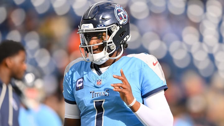 Dec 28, 2025; Nashville, Tennessee, USA;  Tennessee Titans quarterback Cameron Ward (1) against the New Orleans Saints during pre-game warmups at Nissan Stadium. Mandatory Credit: Steve Roberts-Imagn Images