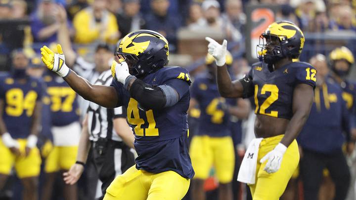 Sep 19, 2026; Ann Arbor, Michigan, USA; Michigan Wolverines defensive end Tariq Boney (41) celebrates a sack of Texas El Paso Miners quarterback EJ Colson (not shown) during the third quarter at Michigan Stadium. Mandatory Credit: Rick Osentoski-Imagn Images Sep 19, 2026; Ann Arbor, Michigan, USA; Michigan Wolverines defensive end Tariq Boney (41) celebrates a sack of Texas El Paso Miners quarterback EJ Colson (not shown) during the third quarter at Michigan Stadium. Mandatory Credit: Rick Osentoski-Imagn Images