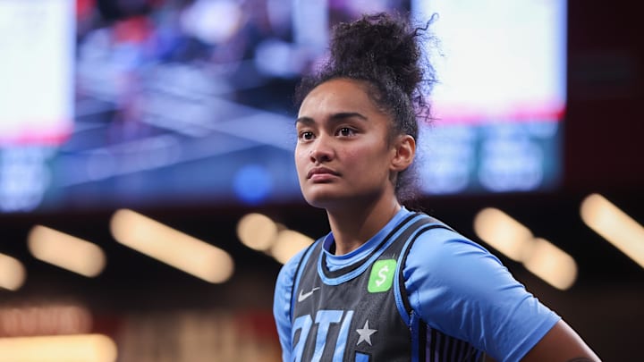 Aug 29, 2025; College Park, Georgia, USA; Atlanta Dream guard Te-Hina Paopao (2) in action against the Dallas Wings in the fourth quarter at Gateway Center Arena at College Park. Mandatory Credit: Brett Davis-Imagn Images

