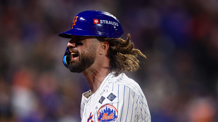 New York Mets left fielder Jesse Winker (3) reacts after single during game five of the NLCS for the 2024 MLB playoffs against the Los Angeles Dodgers at Citi Field on Oct 18.