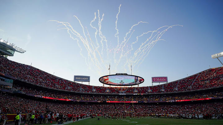 Aug 22, 2024; Kansas City, Missouri, USA; A general view of the field as fireworks erupt prior to a game between the Kansas City Chiefs and Chicago Bears at GEHA Field at Arrowhead Stadium. Mandatory Credit: Denny Medley-Imagn Images