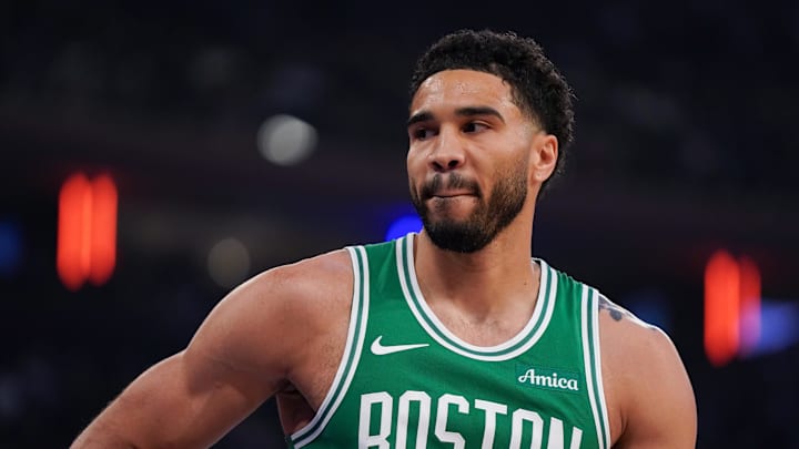 Apr 9, 2026; New York, New York, USA; Boston Celtics forward Jayson Tatum (0) looks on during the first half against the New York Knicks at Madison Square Garden. Mandatory Credit: Lucas Boland-Imagn Images