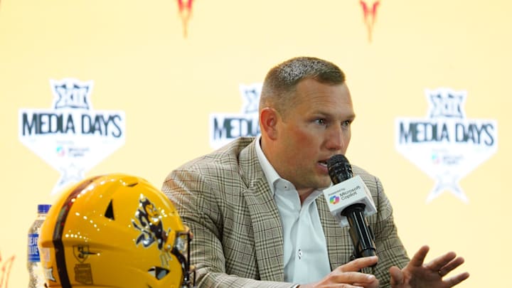 Jul 8, 2025; Frisco, TX, USA; Arizona State head coach Kenny Dillingham addresses the media during 2025 Big 12 Football Media Days at The Star. Mandatory Credit: Raymond Carlin III-Imagn Images