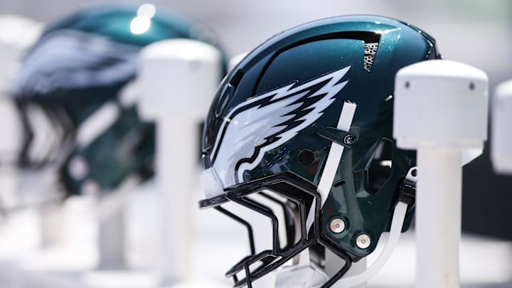 Aug 16, 2025; Philadelphia, Pennsylvania, USA; Philadelphia Eagles helmet on the bench during a game against the Cleveland Browns at Lincoln Financial Field. Mandatory Credit: Bill Streicher-Imagn Images