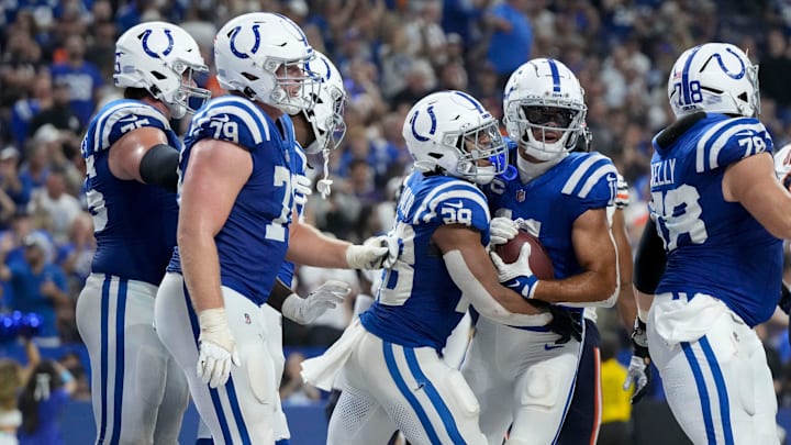 Indianapolis Colts running back Jonathan Taylor (28) celebrates with Indianapolis Colts wide receiver Michael Pittman Jr. (11) after scoring a touchdown Sunday, Sept. 22, 2024, during a game against the Chicago Bears at Lucas Oil Stadium in Indianapolis.