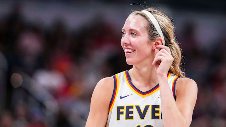 Indiana Fever guard Lexie Hull (10) smiles Thursday, June 26, 2025, during a game between the Indiana Fever and the Los Angeles Sparks at Gainbridge Fieldhouse in Indianapolis. The Los Angeles Sparks defeated the Indiana Fever, 85-75.