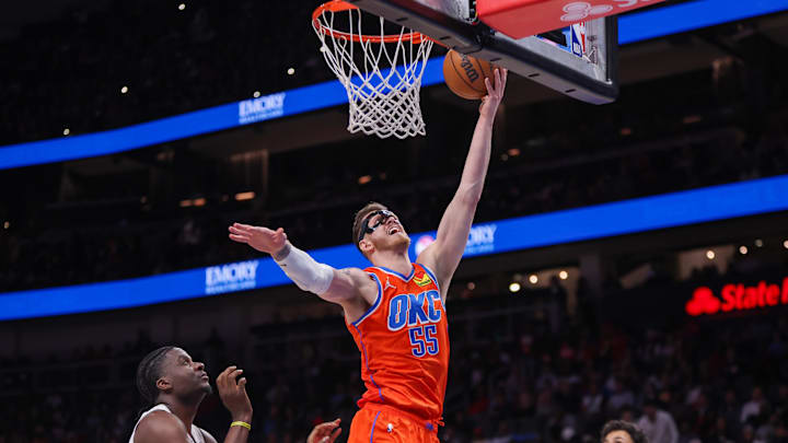 Feb 28, 2025; Atlanta, Georgia, USA; Oklahoma City Thunder center Isaiah Hartenstein (55) shoots against the Atlanta Hawks in the second quarter at State Farm Arena. Mandatory Credit: Brett Davis-Imagn Images Feb 28, 2025; Atlanta, Georgia, USA; Oklahoma City Thunder center Isaiah Hartenstein (55) shoots against the Atlanta Hawks in the second quarter at State Farm Arena. Mandatory Credit: Brett Davis-Imagn Images