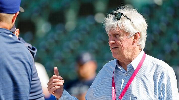 Jul 21, 2023; Seattle, Washington, USA; Seattle Mariners owner John Stanton talks with a player during batting practice before a game against the Toronto Blue Jays at T-Mobile Park. Mandatory Credit: Joe Nicholson-USA TODAY Sports Jul 21, 2023; Seattle, Washington, USA; Seattle Mariners owner John Stanton talks with a player during batting practice before a game against the Toronto Blue Jays at T-Mobile Park. Mandatory Credit: Joe Nicholson-USA TODAY Sports