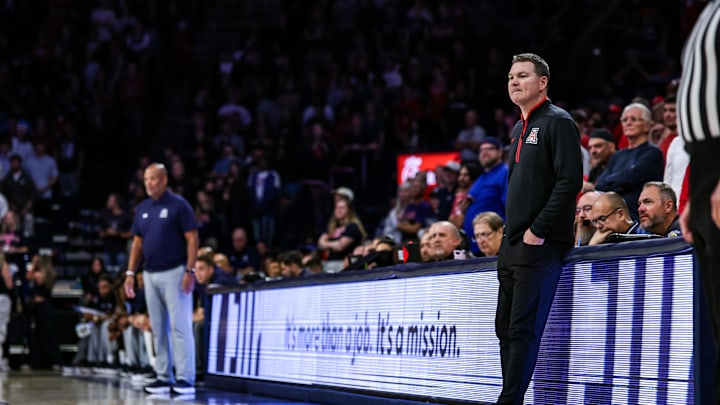 Nov 9, 2024; Tucson, Arizona, USA; Arizona Wildcats head coach Tommy Lloyd watches the game during the first half against the Old Dominion Monarchs at McKale Center. Mandatory Credit: Aryanna Frank-Imagn Images